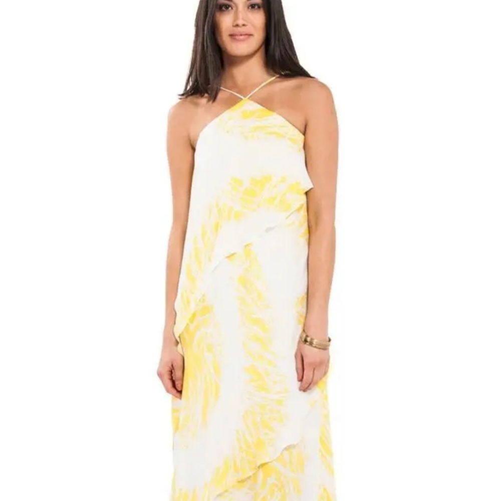 Halston Heritage Pure Silk Tiered Halter Maxi Dress in Yellow Ivory S